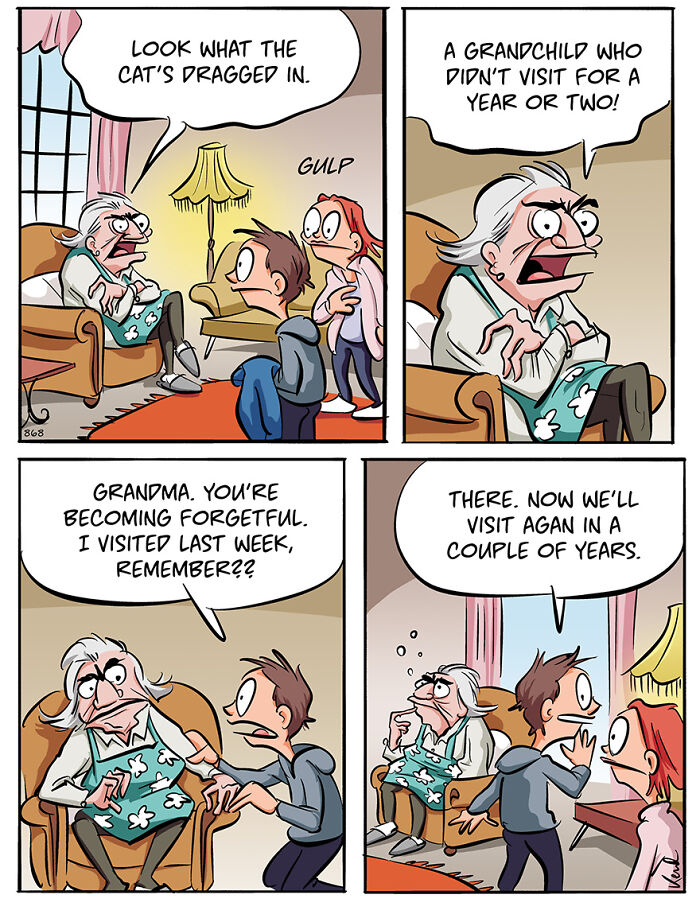 Comic illustration of a chaotic moment between Kenneth and his best friend Martha capturing a humorous kiss scene.