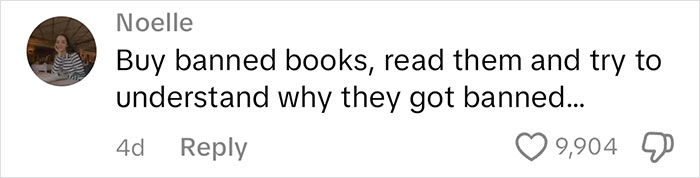 "Social media comment suggesting reading banned books to understand censorship, highlighting current affairs discussions."