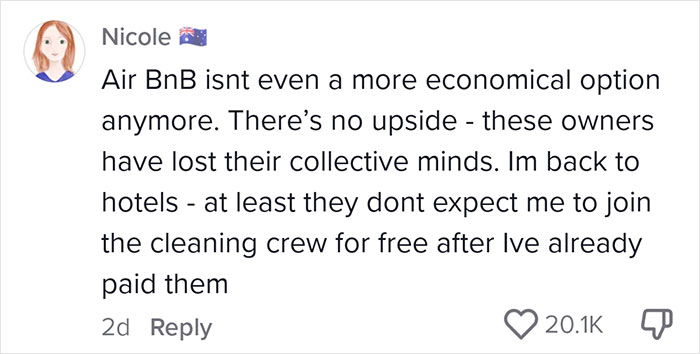 Comment criticizing Airbnb guests taking out trash, saying hotels don't expect them to join the cleaning crew.