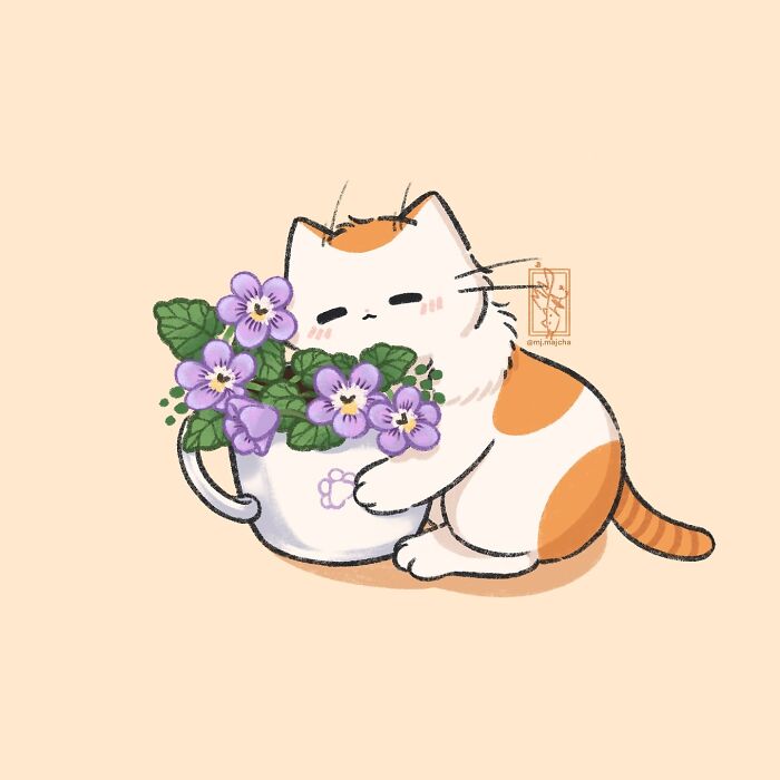Cute cat drawing by Mj.majcha, featuring a calico cat hugging a pot of purple flowers.