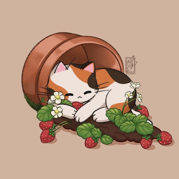 Cute cat drawing by Mj.majcha, featuring a calico cat sleeping in a pot next to strawberries and flowers.
