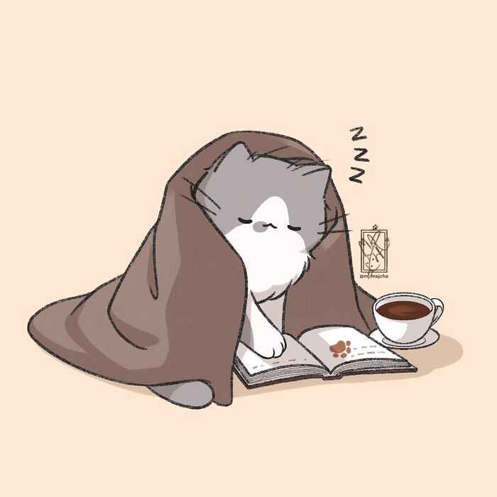 Sleeping cat in a cute drawing by Mj.majcha, under a blanket with a book and coffee.