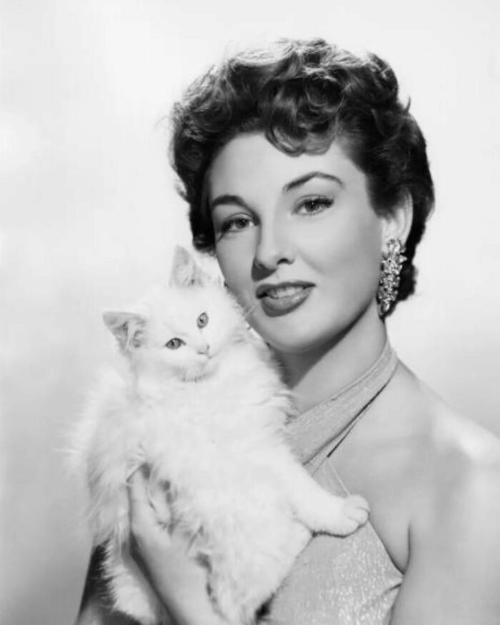Vintage photo of a woman in a shimmering dress holding a fluffy white cat, showcasing timeless feline charm.