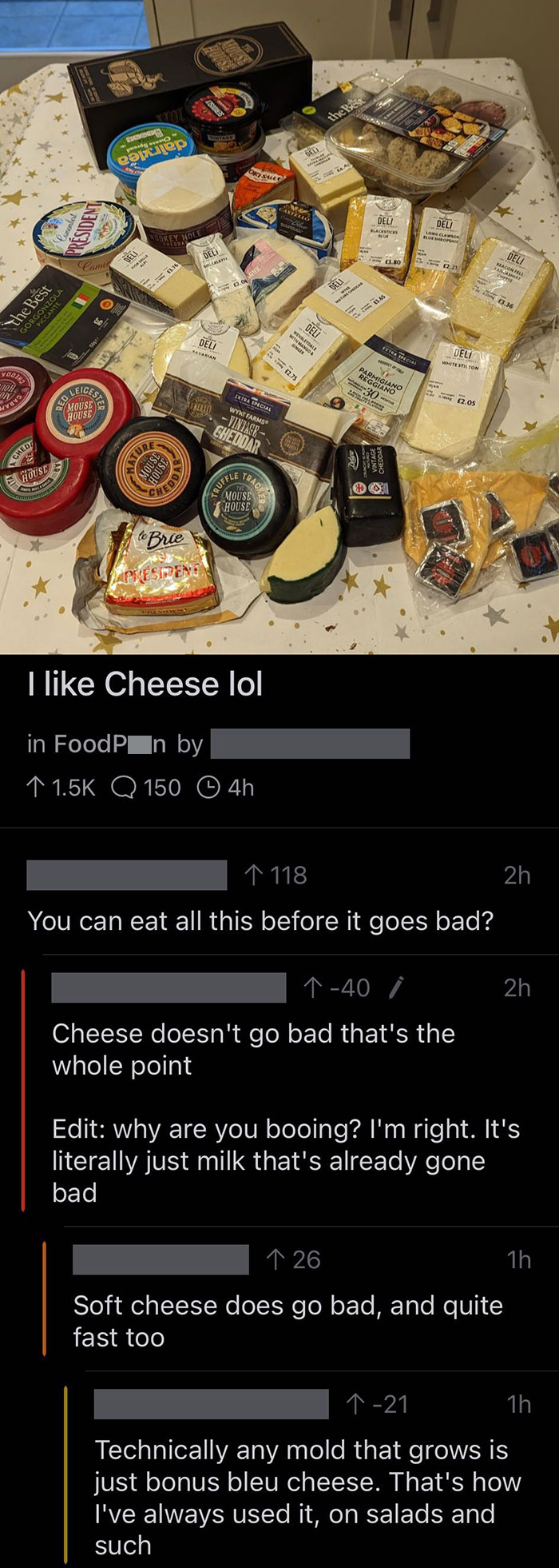 A table covered with various cheese packages, discussed humorously in a viral social media post about cheese expiration.