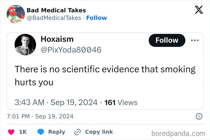 Tweet claiming no scientific evidence smoking harms health, featured in 2024 dumbest posts collection.