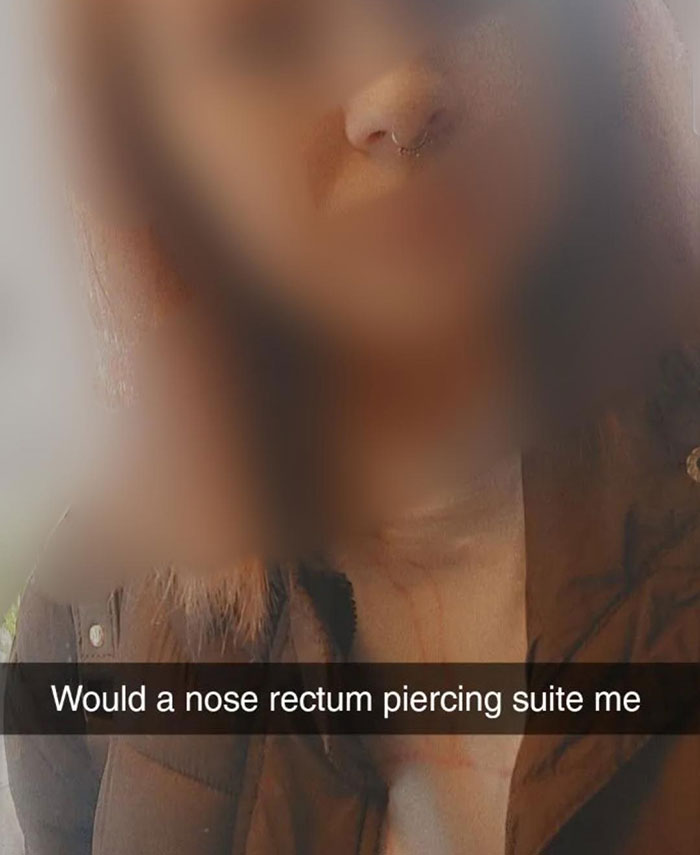 Person with a septum ring captioned "Would a nose r****m piercing suite me," highlighting one of 2024's dumbest posts.