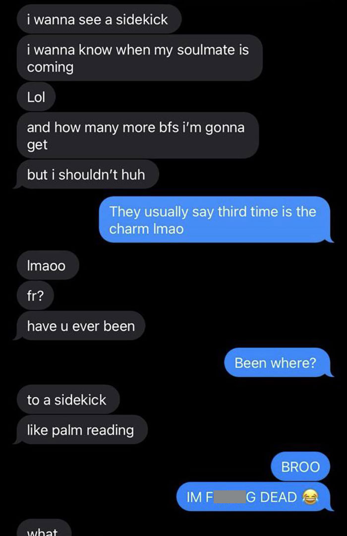 Text exchange humorously mixes up 'sidekick' and psychic, exemplifying dumbest posts.