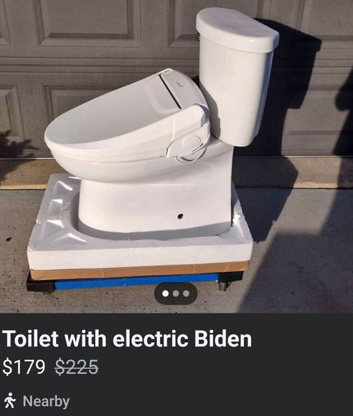 "Toilet listed as 'electric Biden' for sale, showcasing a humorous 2024 dumbest post theme."