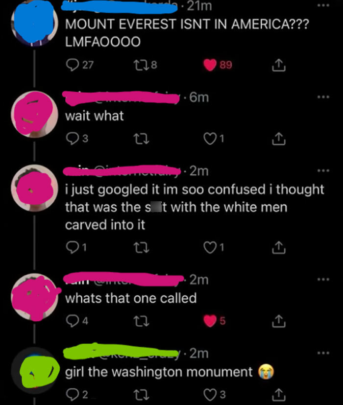 Social media exchange showcasing 2024 dumbest posts about Mount Everest location confusion.