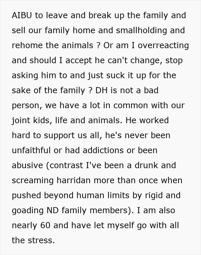 Text describes a wife's emotional struggle with her neurodivergent husband and family challenges.