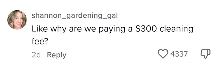 User questions $300 cleaning fee amid Airbnb trash discussion, gains 4337 likes.