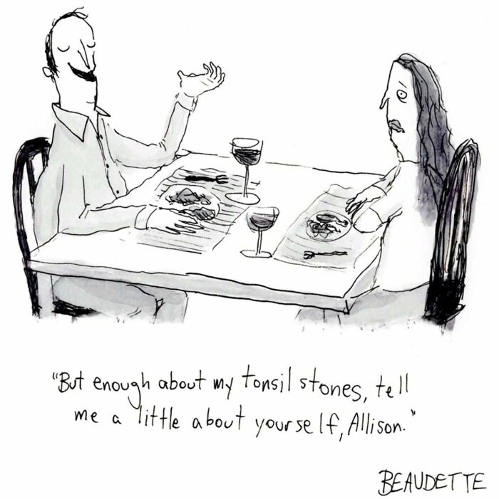 Two people dining, with one humorously discussing tonsil stones, showcasing Kyle Beaudette's dark humor.