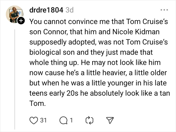 Social media post discussing celebrity rumors about Tom Cruise and his son Connor.