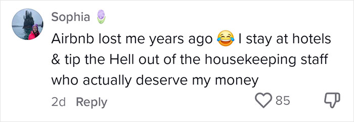 Comment criticizing Airbnb guests not taking out trash, preferring hotel staff instead.