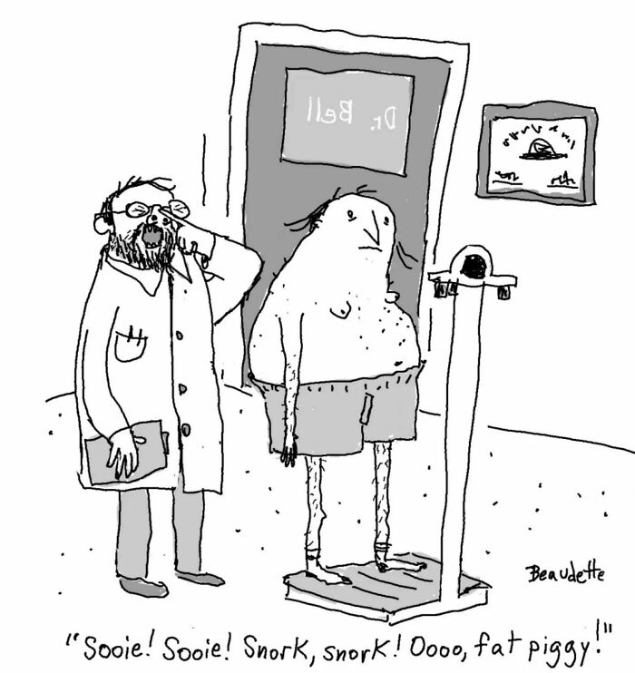 Illustration by Kyle Beaudette of a patient on a scale, illustrating dark humor with a doctor making pig sounds.