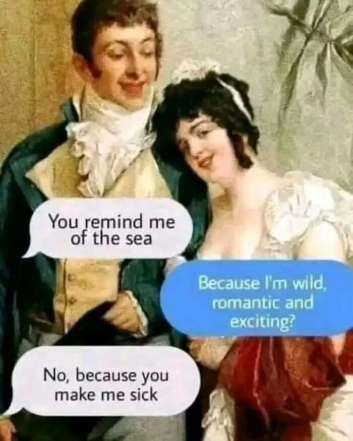 Classical art meme with a humorous sea-themed conversation between a couple.