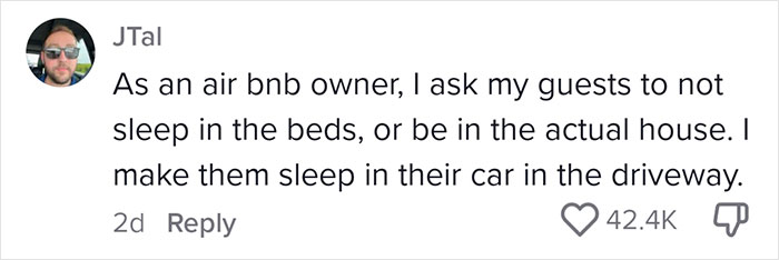 Comment mentioning Airbnb guests being asked to sleep in their car, with reactions shown.