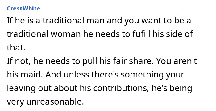 Text response discussing traditional gender roles and fairness in a relationship.