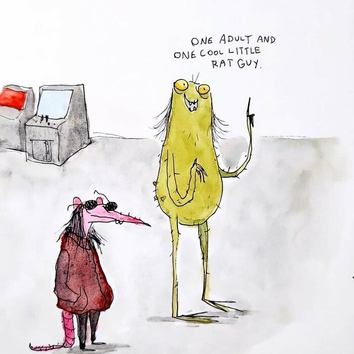 Goofy and disturbing illustration featuring a tall yellow creature and a small cool rat in a jacket.