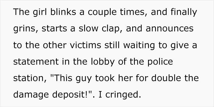 Text describing a girl starting a slow clap about an apartment scam victim's unexpected revenge. Text describing a girl starting a slow clap about an apartment scam victim's unexpected revenge.