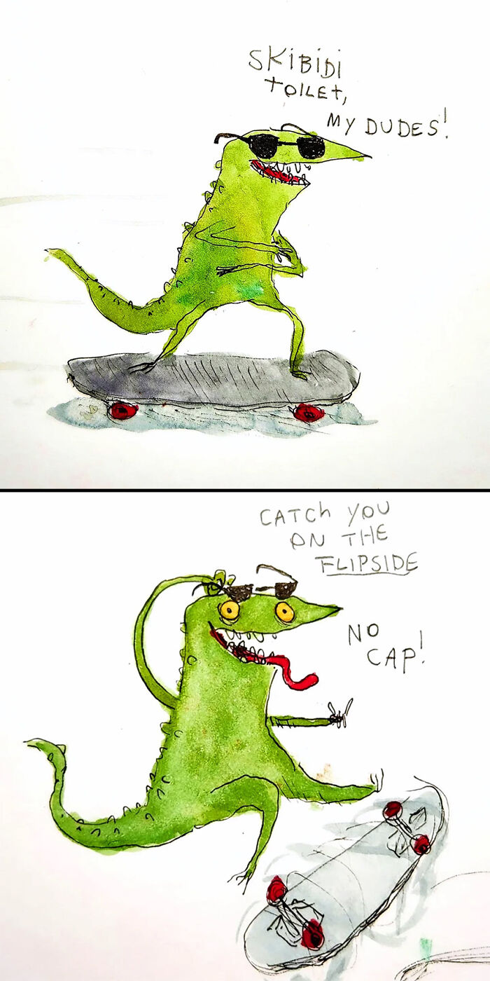 Green creature skateboarding, expressing dark humor with quirky phrases, by Kyle Beaudette.