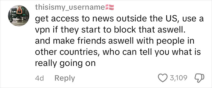 Comment advising Americans to access foreign news for current affairs, suggesting VPNs and connecting with international friends.