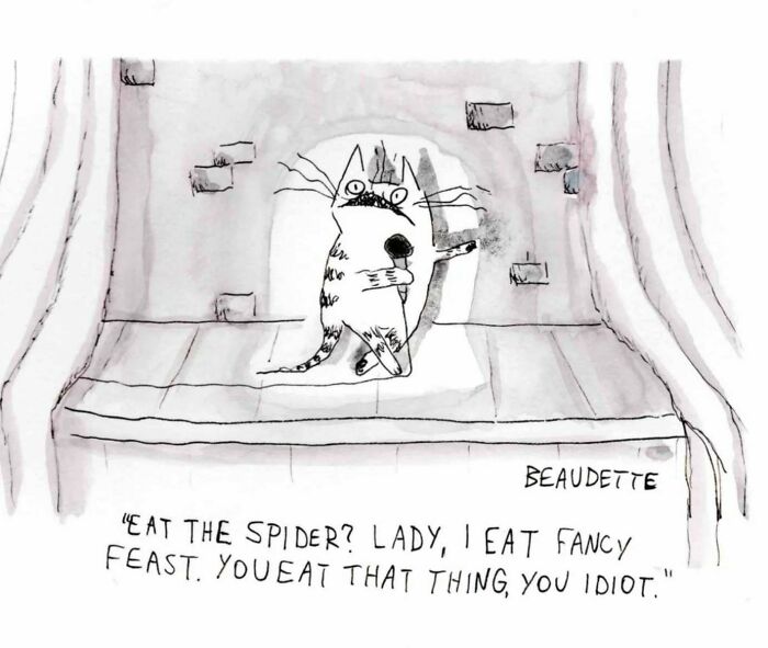 Illustration of a quirky cat in a cave, embodying Kyle Beaudette’s dark humor.