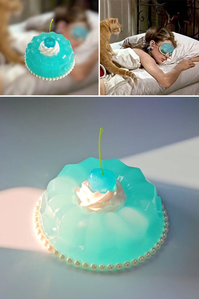 Cake-inspired storage box designed to resemble a famous movie scene, featuring a blue jelly-like appearance.