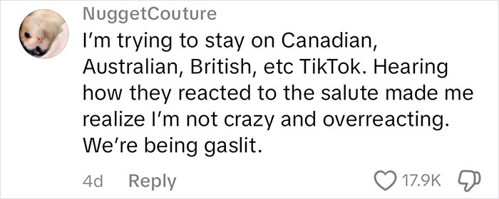 Comment on TikTok about foreign reactions, highlighting feelings of gaslighting and confusion in current affairs.
