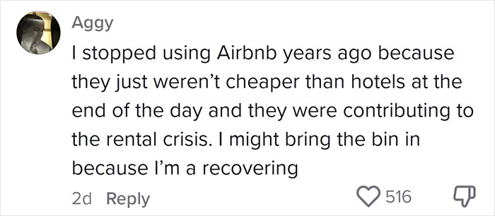 User comment on Airbnb's pricing and rental crisis, mentioning bringing the trash bin in.