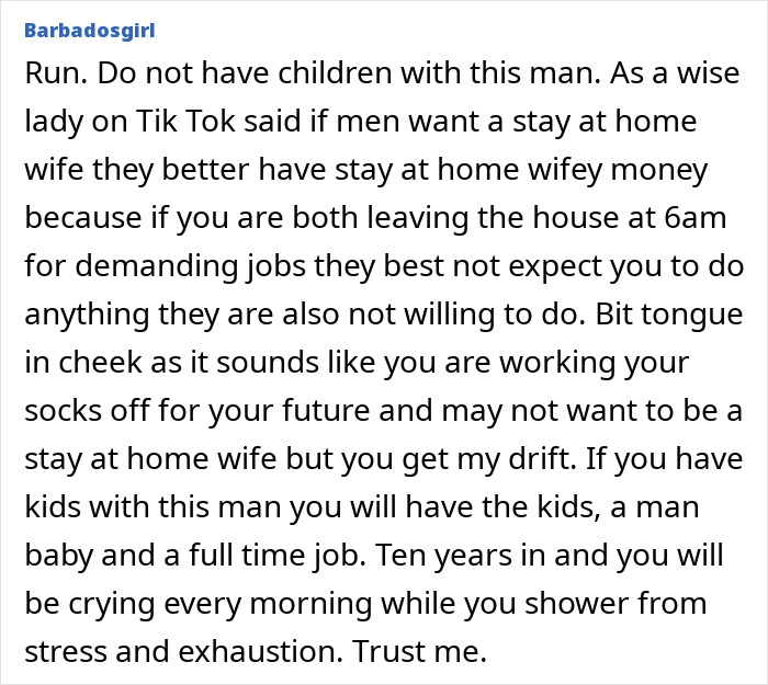 Text warning a woman about her relationship after boyfriend's refusal to help out.