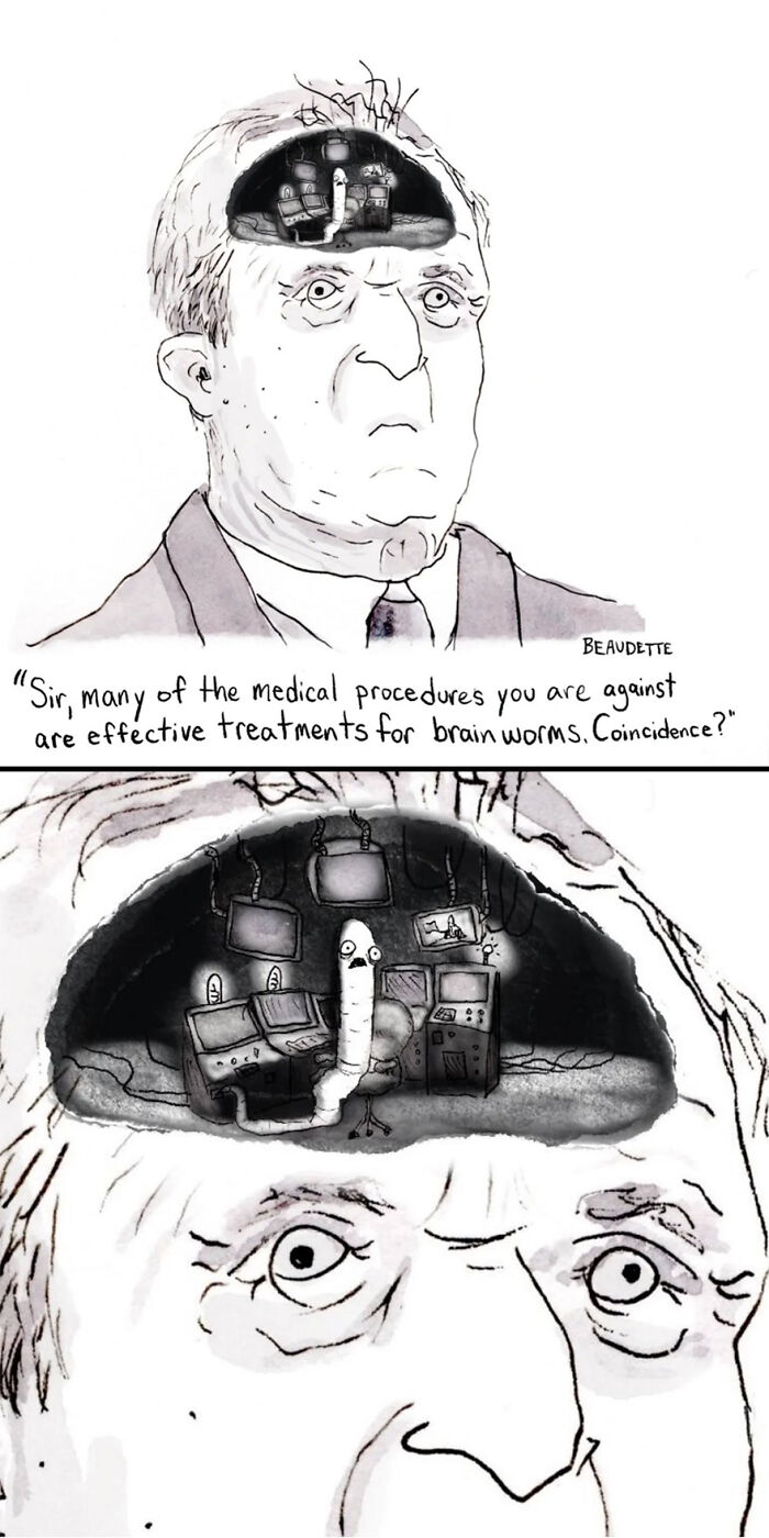 Illustration of a man with an open head, revealing a brain worm at a control panel, showcasing dark humor.