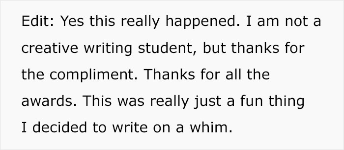Text expressing thanks for compliments and awards on a creative writing piece about an apartment scam. Text expressing thanks for compliments and awards on a creative writing piece about an apartment scam.