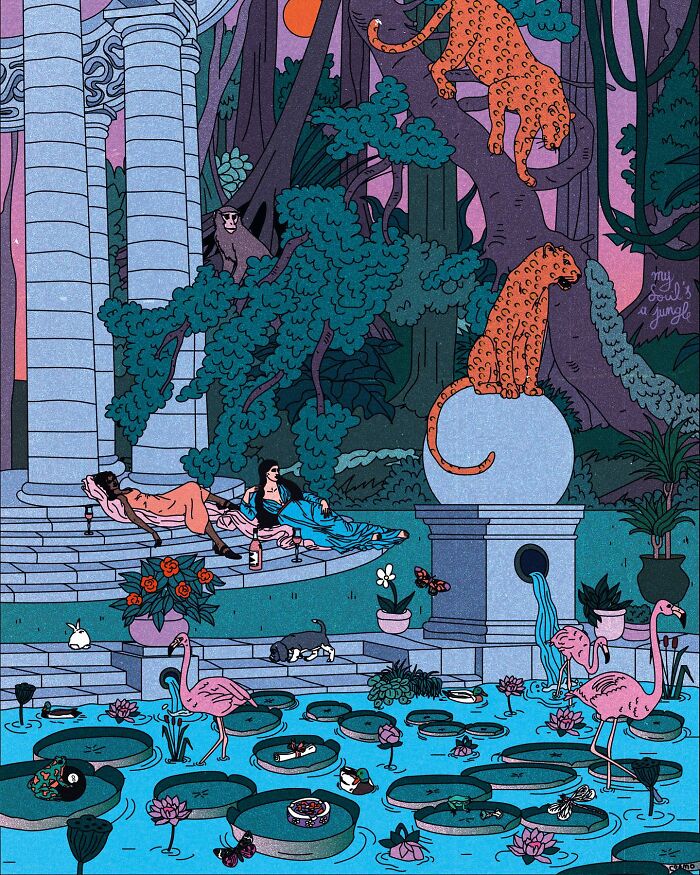 Vibrant illustration with humorous and sarcastic elements featuring animals and people in a whimsical garden setting.