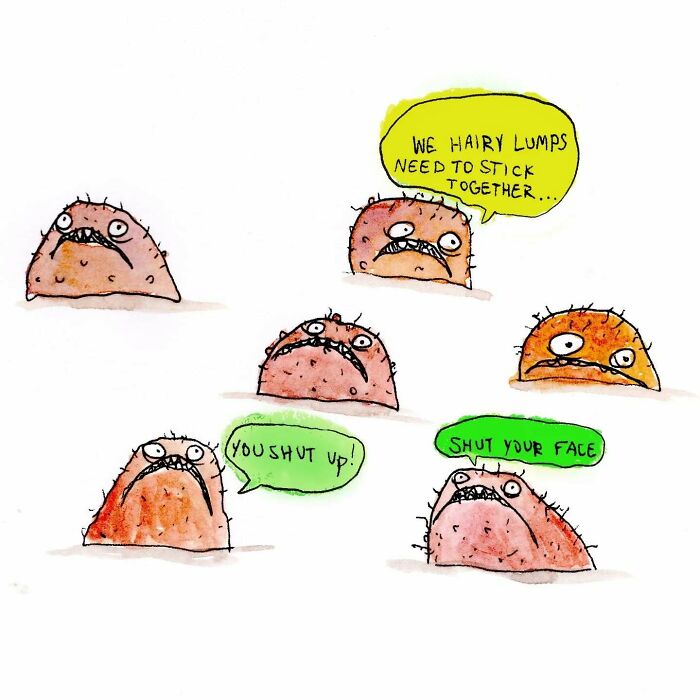 Illustration of hairy lumps exchanging humorous and sarcastic dialogue, highlighting dark humor.