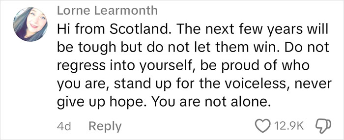Comment from Scotland giving hopeful advice on current affairs, emphasizing resilience and support, with 12.9K likes.