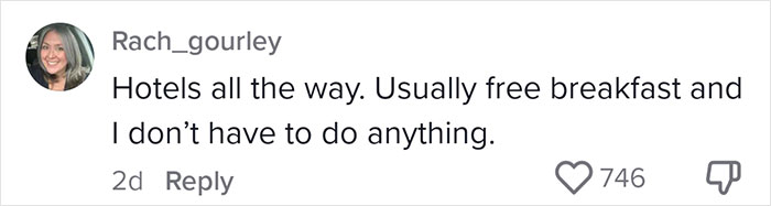 Social media comment criticizing Airbnb guests' responsibilities, favoring hotel amenities and services.