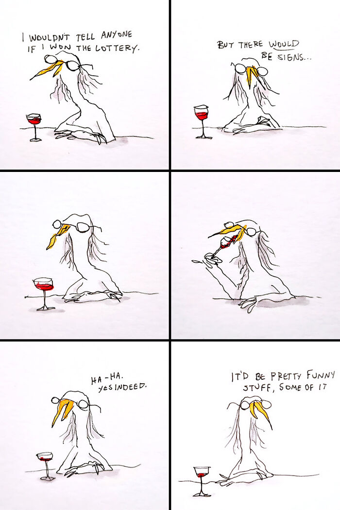 Cartoon bird drinking wine, showcasing Kyle Beaudette's dark humor in a humorous comic strip.