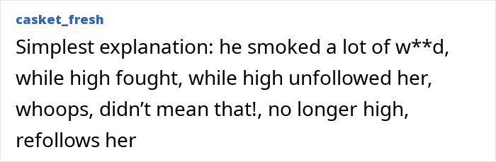 Text image discussing reasons for unfollowing, with a humorous tone about a person's behavior. Text image discussing reasons for unfollowing, with a humorous tone about a person's behavior.