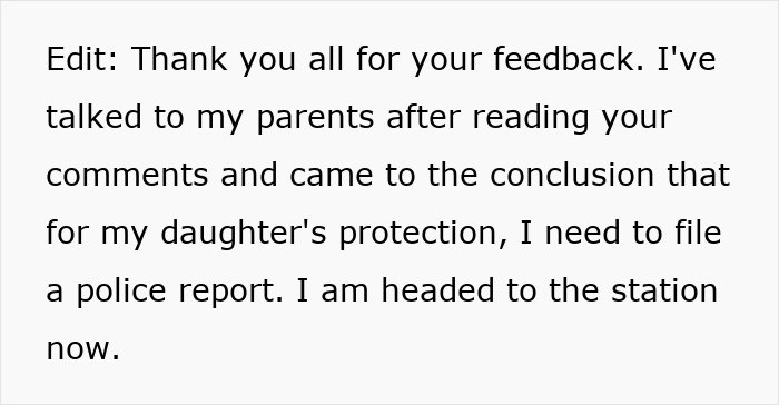 Text discussing infidelity accusations and deciding to file a police report for daughter's protection. Text discussing infidelity accusations and deciding to file a police report for daughter's protection.