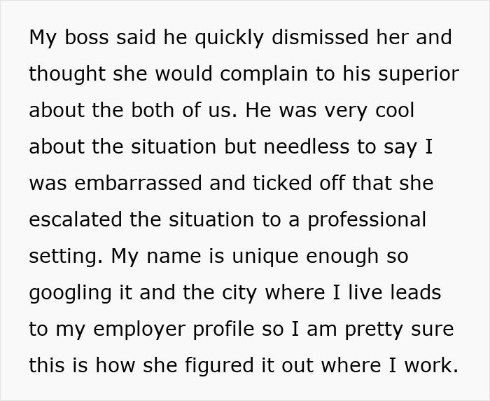 Text discussing a professional complaint escalated by a coworker, involving a unique name search leading to employer info. Text discussing a professional complaint escalated by a coworker, involving a unique name search leading to employer info.