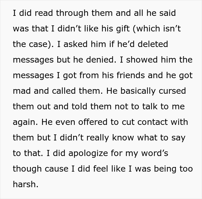 Text from conversation about misunderstanding over birthday gift and harsh words exchanged.