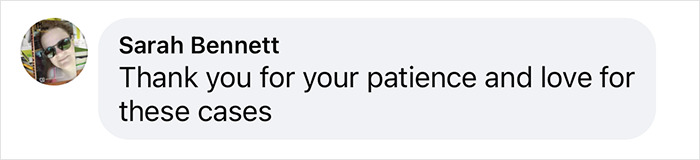 "Comment from Sarah Bennett thanking pet groomer for care and patience with neglected animals.