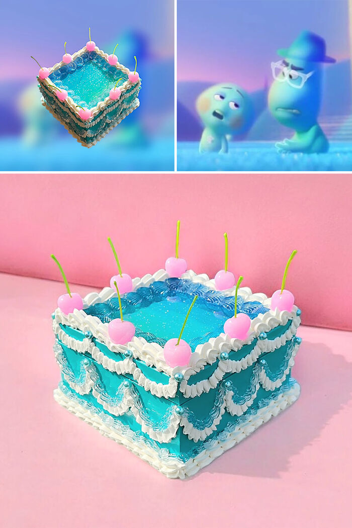 Artistic storage box resembling a cake with movie-inspired design, featuring blue icing and cherry decor.