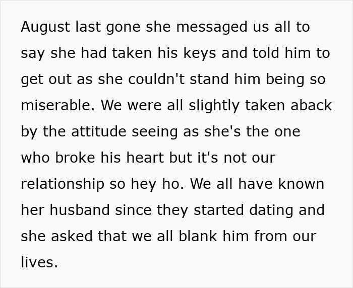 Text about unreasonable friend relationship dynamics and asking friends to cut ties with an ex-husband. Text about unreasonable friend relationship dynamics and asking friends to cut ties with an ex-husband.