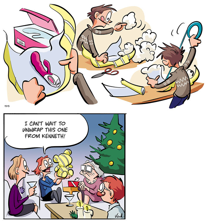 Comic strip featuring chaotic design changes by Kenneth Larsen and friend involving a volcano illustration.