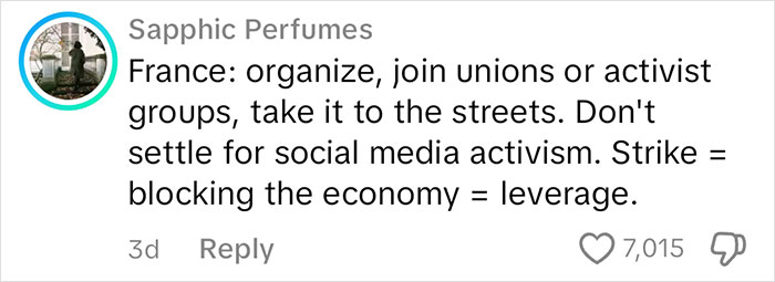 Comment discussing organizing protests for leverage in France's current affairs.