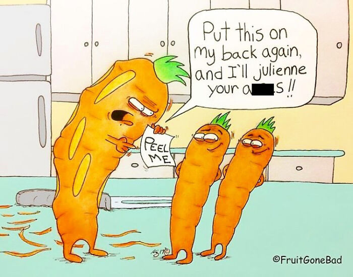 Sassy carrots in a funny comic about peeling pranks, showcasing humorous and slightly inappropriate art with produce.