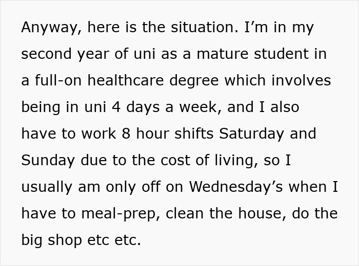 Text describing a woman's busy schedule balancing university and work, leading her to question her relationship dynamics.