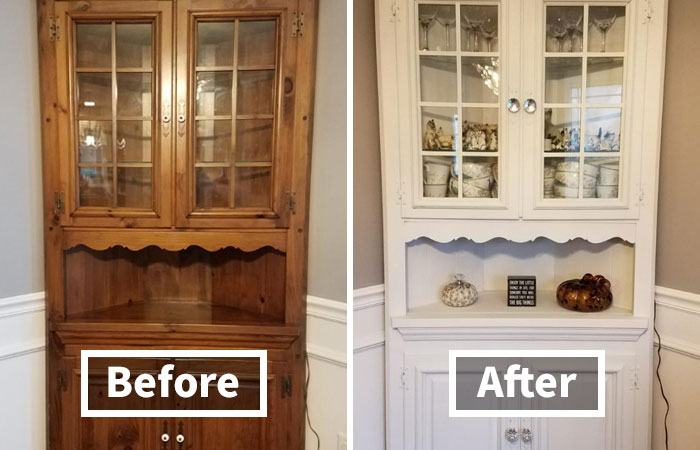 DIY cabinet makeover for not-handy people; before and after transformation from wood to white paint.